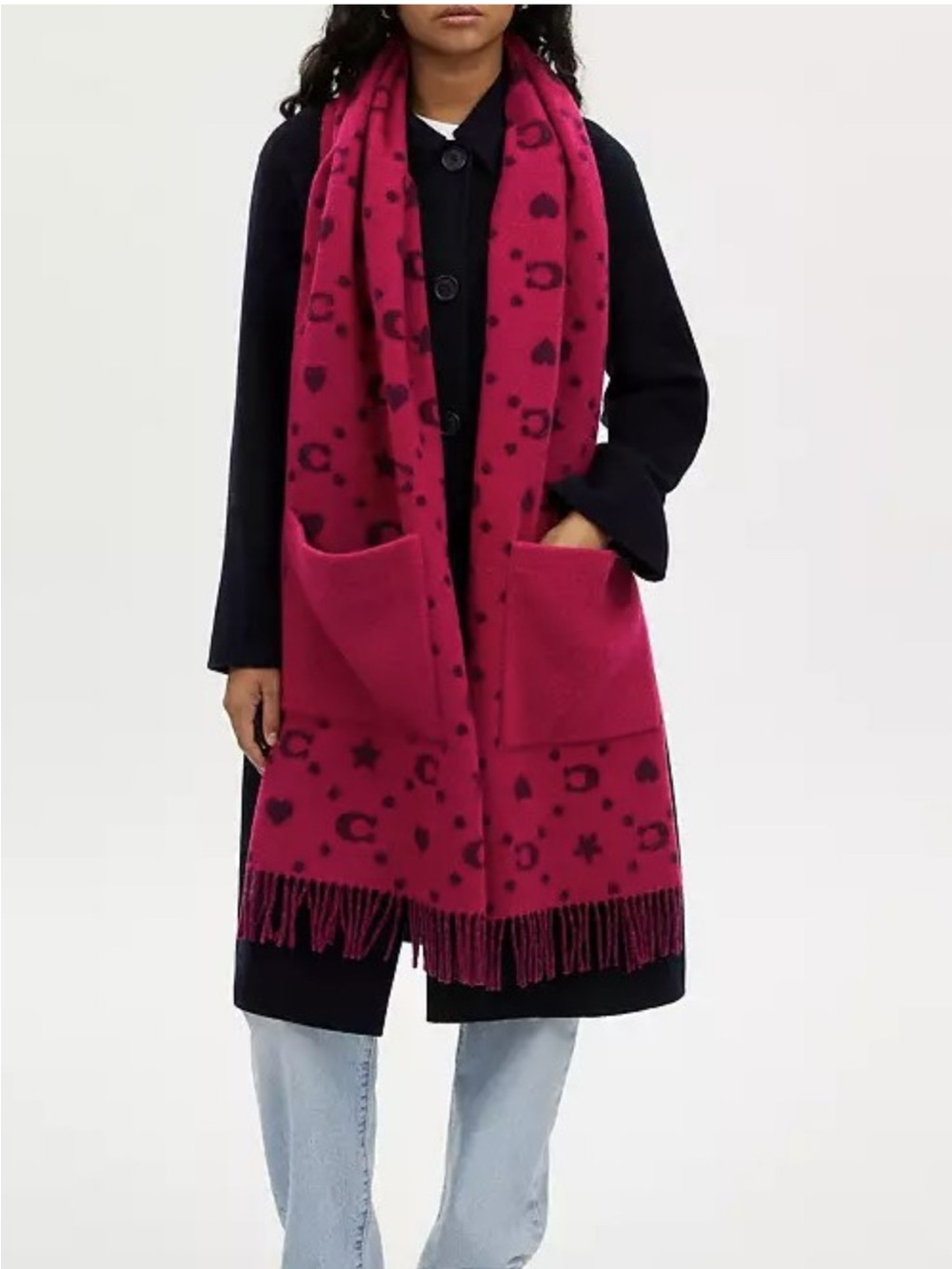 COACH Stars And Hearts Print Oversized Muffler Scarf With Pockets